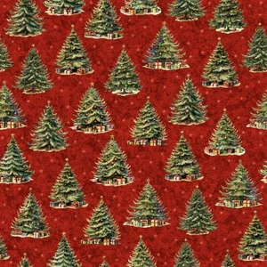 By The Yard ~ Christmas Trees On Red, $3.99 Ships Any Amount Of Cotton Fabric. - Picture 1 of 4
