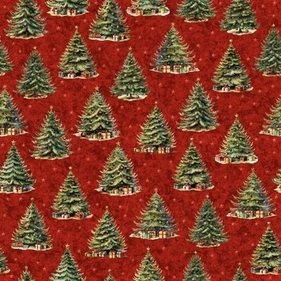 By The Yard ~ Christmas Trees On Red, $3.99 Ships Any Amount Of Cotton Fabric. - Image 1 of 4