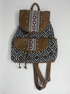 Unionbay Black And White Pattern Drawstring Backpack With Brown Pocket Flaps - Picture 1 of 9