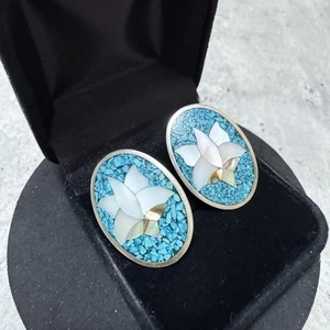 Pendientes de Clip Flor Madreperla DE COLECCIÓN Hechos en México Turquesa Ovalados Retro - Imagen 1 de 7