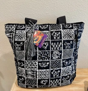 Laurel Burch Multi Pattern Black and White Large Quilted Zipper Tote Brand New - Picture 1 of 11