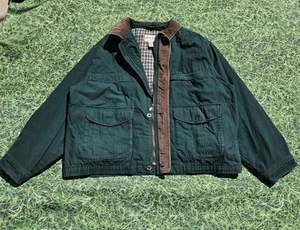 Vtg Eddie Bauer Goose Down Puffer Chore Work Green Jacket Leather Collar Mens XL - Picture 1 of 18