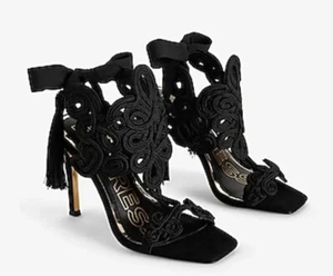 Brian Atwood X Express Embroidered Tie Back Heeled Sandals Black SZ 6 Coquette - Picture 1 of 12