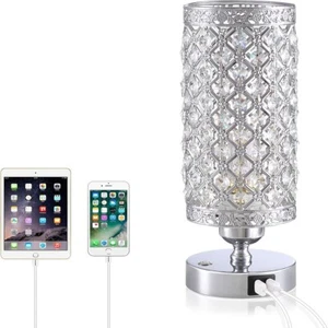 Vintage Crystal Table Lamp With USB Charging Ports For Bedroom Home Decor - Picture 1 of 12