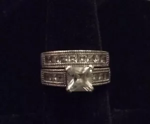 Sterling Silver Engagment Ring Set W/ Square Cut Clear Gem. (combined 6.39g)T:34 - Picture 1 of 2