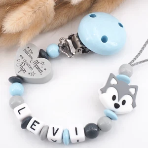 Schnullerkette mit Namen Junge FUCHS bisschen Mama & Papa blau grau Silikon - Bild 1 von 7