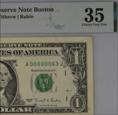 Low Trinary Tow Digit Fancy Serial Number $1 FRN Boston Six In Row 0s PMG 35  - Image 1 of 4