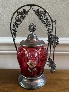 ANTIQUE QUEEN CITY / NORTHWOOD CRANBERRY RED ENAMEL GLASS PICKLE JAR CASTOR - Picture 1 of 19