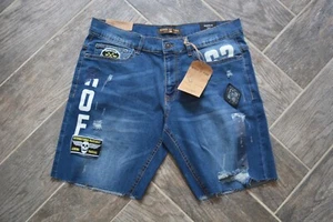 Men's Graphic Patches Denim Jeans Shorts RING OF FIRE Migo Size 33 w/Stretch NWT - Picture 1 of 4