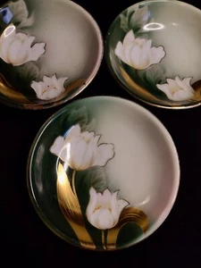 RS Germany Trio Antique Gilded Floral Finger Bowls White Tulips w/ Green & Gold - Picture 1 of 13
