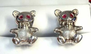 Beautiful Men's Pure 10K White Gold Baby Bear With Rubie Eyes Cufflinks Set - Picture 1 of 6