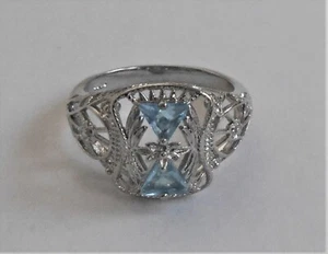925 SILVER FILIGREE FAUX AQUAMARINE TRILLION CUT GEMSTONE FASHION RING NWOT - Picture 1 of 5