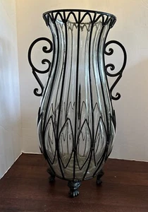 Vintage Schmiedeeisen Käfig Blase mundgeblasene Glas Vase 20,75" Schirm Stock Halter - Bild 1 von 12