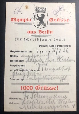 1936 Berlin Germany Olympic Postcard Cover To Louisenthal - Image 1 of 2