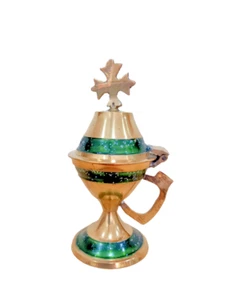 4 1/4" Small Green Enamel Gliter Brass Travel Size Orthodox Incense Burner 10cm - Picture 1 of 2