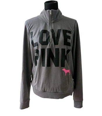 Victoria's Secret ROSA 1/4 Cremallera Talla L Sudadera Canguro Bolsillo Gris Forro Polar Foto 1 de 4