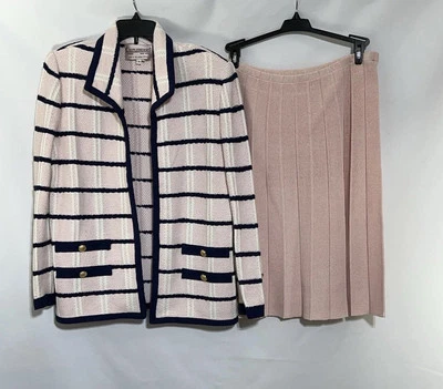 CASTLEBERRY Classic Knit 2 Piece Suit Jacket Pleated Skirt Vintage 14 Pink Read - Image 1 of 4