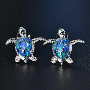 1 Pair Stud Woman Fashion Turtle Earring Blue Fire SilverCharm Opal NEW - Picture 1 of 17