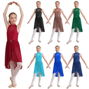 UK Kids Girls Rhinestone Ballet Dance Leotard Dress Lyrical Latin Modern Costume - Picture 1 of 80