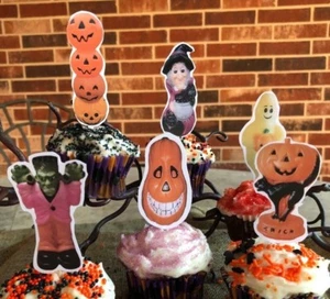 12 Handmade Halloween Cupcake Toppers,Appetizer Picks Cat JOL Trick,Witch, Ghost - Picture 1 of 4