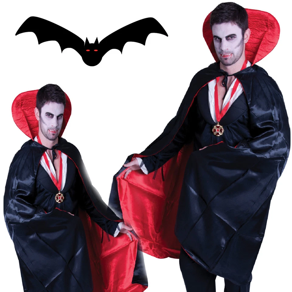 Vampire Dracula Long Satin Cape Reversible Black Red Halloween Costume Adult Men - Image 1 of 2