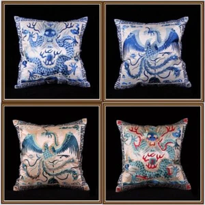 Chinese Classic BlueWhite Porcelain Silk Embroiderd Dragon Phoenix Cushion Cover - Picture 1 of 14