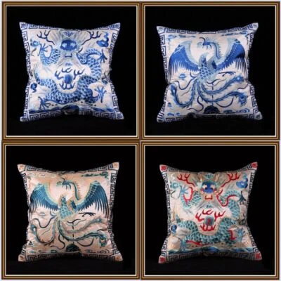 Chinese Classic BlueWhite Porcelain Silk Embroiderd Dragon Phoenix Cushion Cover - Image 1 of 4