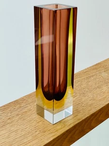 Vintage Oball Murano Sommerso Square Glass Vase Amber & Yellow 20cm - Picture 1 of 21