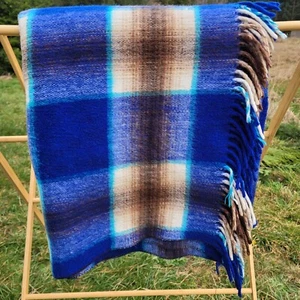 Throw Blanket With Fringe Blue Plaid Vintage Stadium Blanket 58"X58" Western - Picture 1 of 4