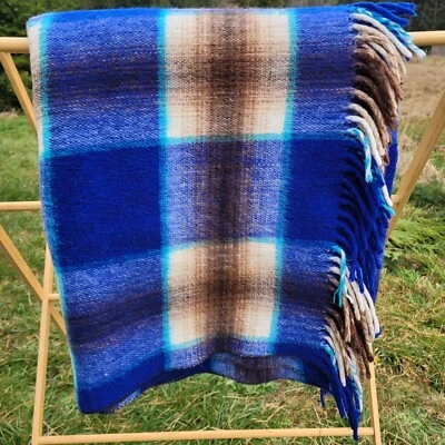 Throw Blanket With Fringe Blue Plaid Vintage Stadium Blanket 58"X58" Western  - Image 1 of 4