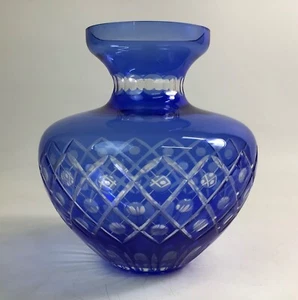 Vintage Bohemian Blue Cut-to-Clear Glass Vase - Czech? - Lead Crystal Vase - Picture 1 of 20