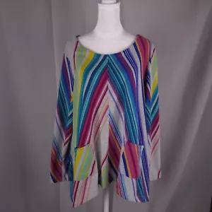 Womens Petite Top L XL Rainbow Striped Asymmetrical Knit Tee Lagenlook Artsy - Picture 1 of 11
