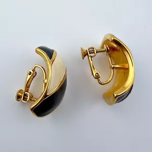 Clip Orecchini NAPIER Vintage Smalto Nero Tono Oro Cerchio - Firmati - Vite Indietro - Foto 1 di 11