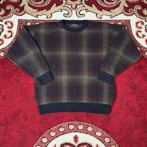 Vintage 90s Van Heusen Colorful Plaid Knit Grandpa Sweater Size L - Picture 1 of 15