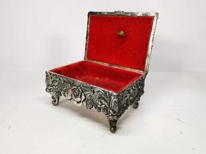 Vintage silberfarbene Rose Spieluhr Schmuckschatulle rot Samt gefüttert Made in Japan - Bild 1 von 11