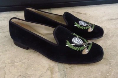 Mujer STUBBS & WOOTTON Negro Terciopelo GOLF MALAQUITA Mocasines Zapatos 10 Foto 1 de 4