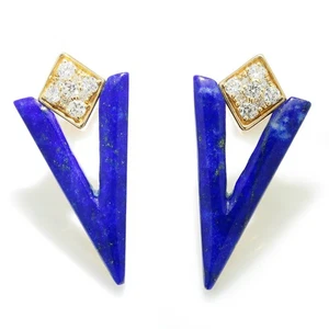 V-Shaped Lapis Lazuli Stud Earrings with Diamonds 14K Gold - Picture 1 of 3