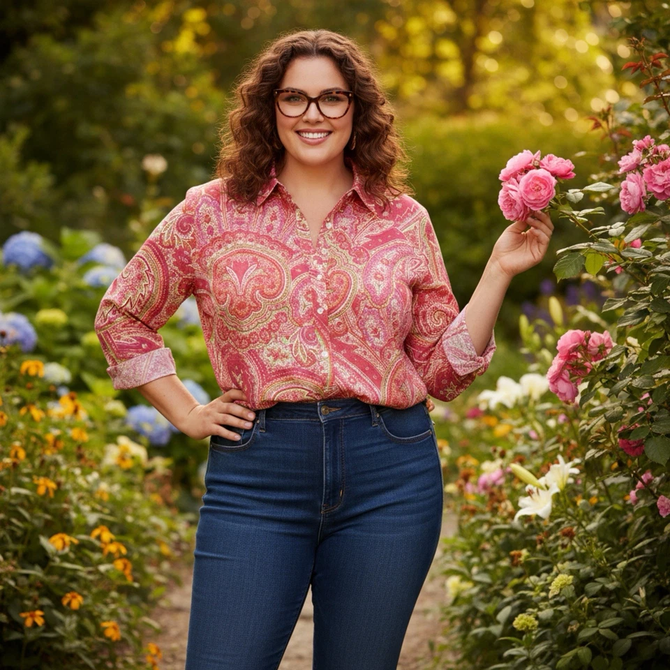 Lauren Ralph Lauren Top Plus 1X Paisley Pink 3/4 Sleeves Collar Lightweight - Image 1 of 4