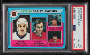 1979 Topps League Leaders Bryan Trottier Marcel Dionne Guy Lafleur Brian PSA 8