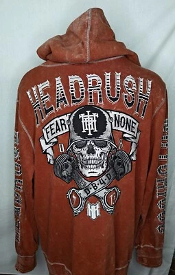 Hombres Headrush Fear None Marrón Bordado Motociclista Calavera Cremallera Sudadera con Capucha Chaqueta 3XL Foto 1 de 4