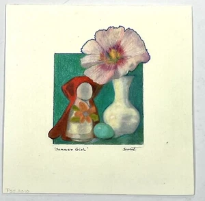 Pamela Sweet Colored Pencil & Ink Drawing Summer Girl w/ Flower 5x5” Folk Art - Picture 1 of 6