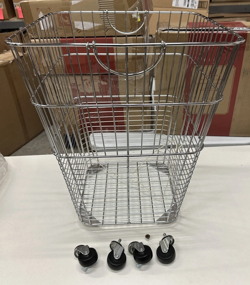 Cesta cromada Pottery Barn 18" cuadrada, 24,5" h ruedas DEVOLUCIÓN/sin revestimiento/pie roto Foto 1 de 4