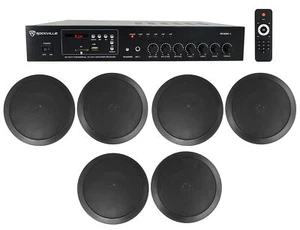 1-Zone Home Audio Receiver+(6) Black Ceiling Speakers For Bedroom/Living Room - Picture 1 of 12