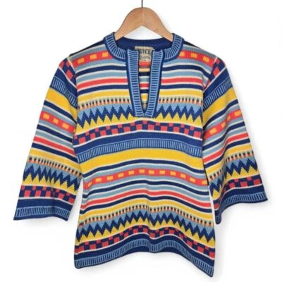 Vintage Joyce Striped Popover Tunic Top Women's Bell 3/4 Sleeve Boho Tribal S - Image 1 of 4