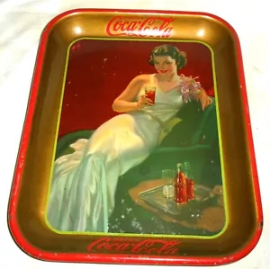1936 ANTIQUE COCA COLA LADY HOSTESS GIRL DRESS BOTTLE SODA ART DECO SIGN TRAY US - Picture 1 of 11