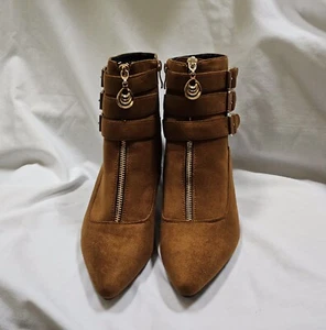 IDIFU karamellbraune Damen-Veloursleder-Stiefeletten Schnallenriemen seitlicher Reißverschluss Größe 8,5 - Bild 1 von 9