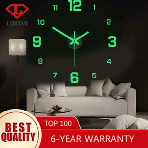 Frameless Large Luminous 3D DIY Wall Clock Mute Mirror Sticker Home Office Decor - Picture 1 of 10