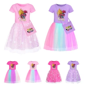 Girls Trolls Poppy Costume Rainbow Stars Tutu Skirts Birthday Party Fancy Dress - Picture 1 of 36