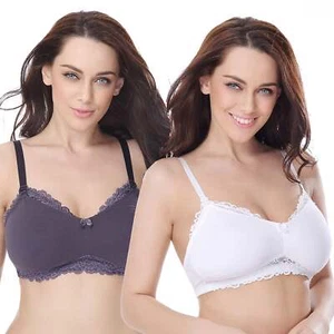 Plus Size Nursing Cotton Unlined Wirefree Bra With Lace Trim-2 PK-Slate, White - Picture 1 of 7