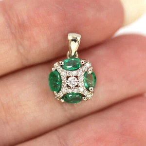 1.1 ctw Natural Emerald Diamond Solid 14k White Gold Round Drop Pendant 0.63" L - Picture 1 of 5